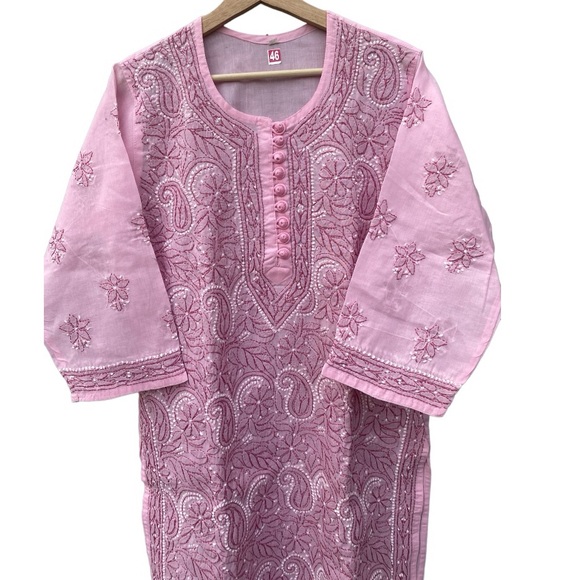Chikankari Hand-Embroidered Straight Pink Kurti Tunic size 42, US L. NEW - Picture 2 of 16